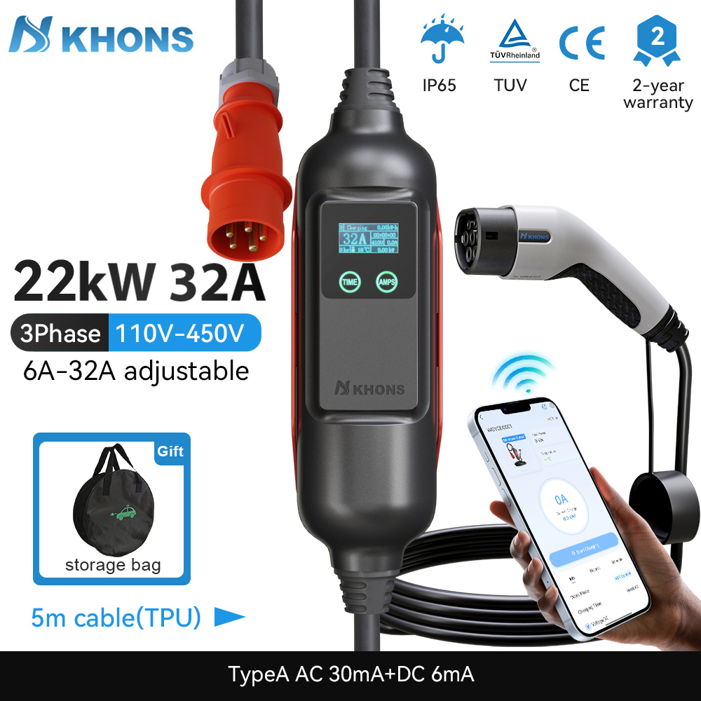 Cargador EV portátil Khons Typ - Portable Ev Charger 32A Type 2 Cee Plug reseña y precio
